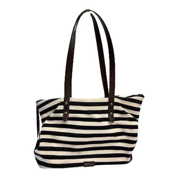 Fossil Jenna Tote Black White Striped Large Zippered Tote Bag Double Handle 12x9 - Picture 1 of 10